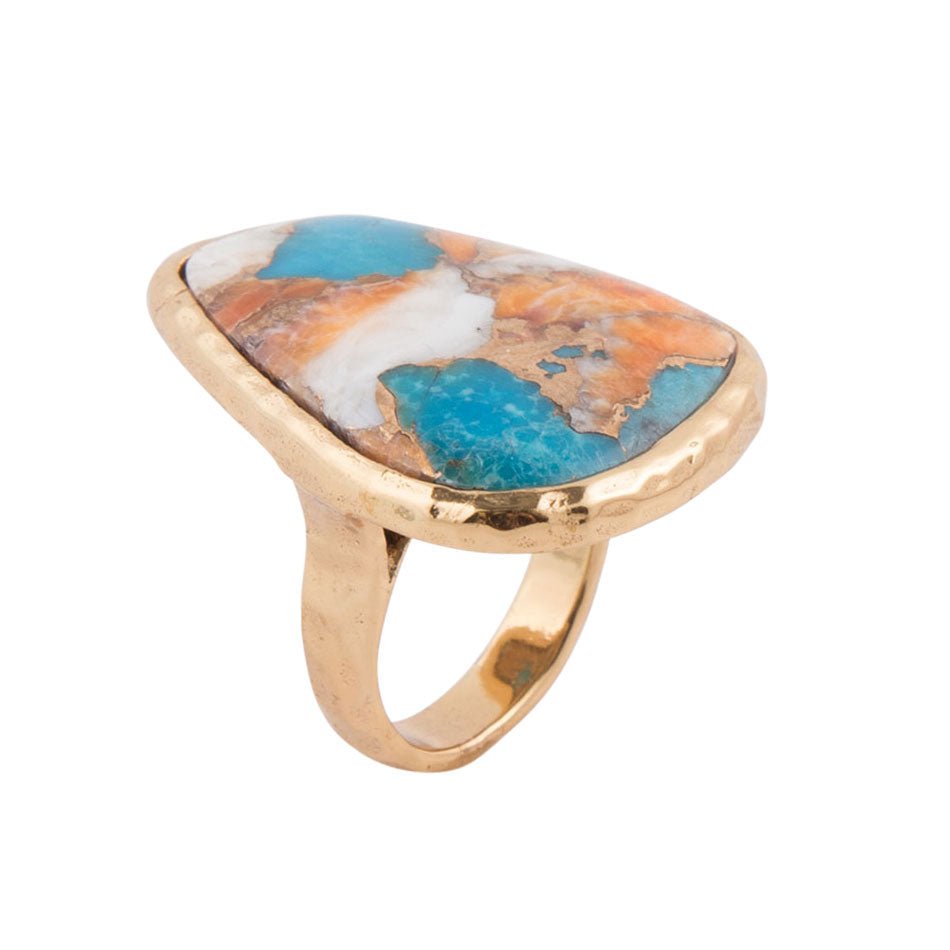 Orange Spiny Oyster and Blue Turquoise Matrix Abstract Golden Ring - Barse Jewelry