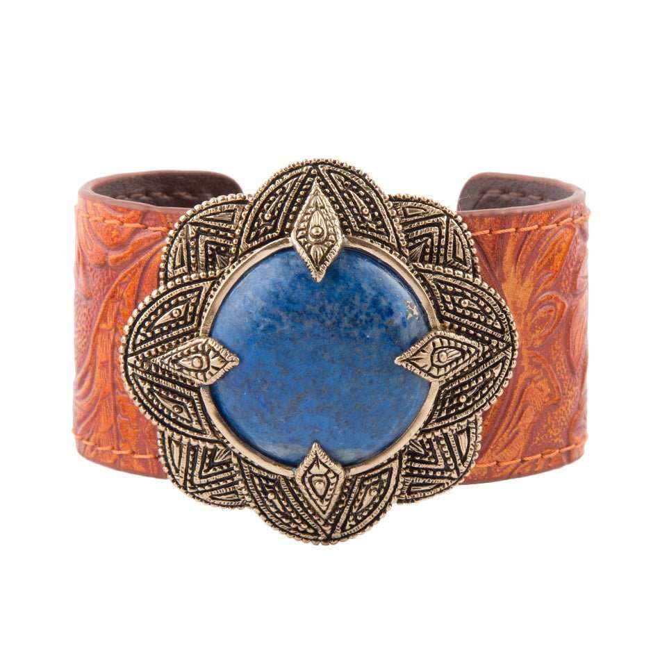 Ornate Blue Lapis Golden Leather Cuff Bracelet - Barse Jewelry - Flyclothing LLC
