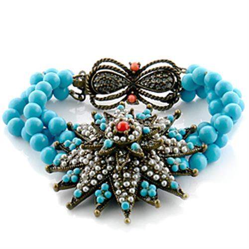 LO1187 - Antique Copper Brass Bracelet with Synthetic Turquoise in Multi Color - Alamode - Flyclothing LLC