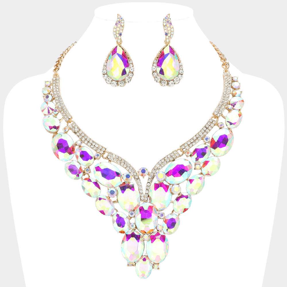 Oval Glass Stone Cluster Embellished Evening Necklace - Madeline Love - Flyclothing LLC