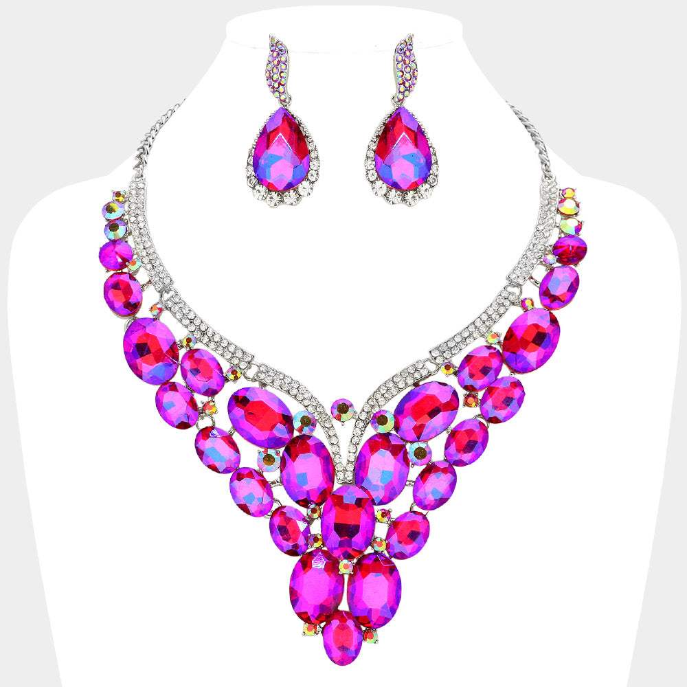 Oval Glass Stone Cluster Embellished Evening Necklace - Madeline Love - Flyclothing LLC