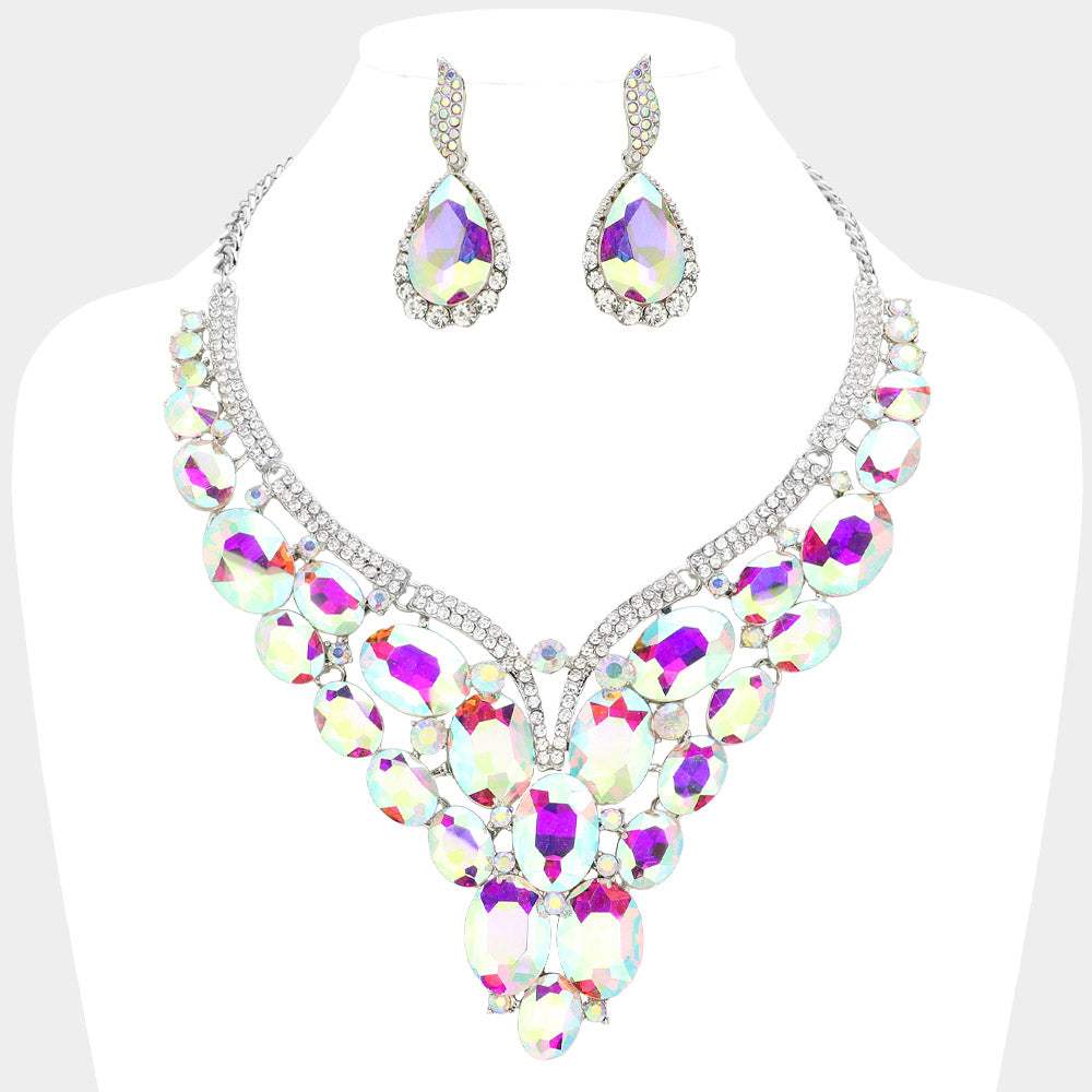 Oval Glass Stone Cluster Embellished Evening Necklace - Madeline Love - Flyclothing LLC