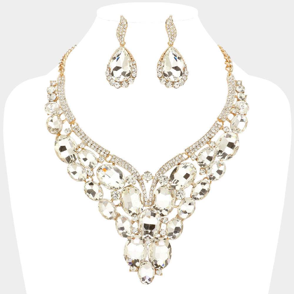 Oval Glass Stone Cluster Embellished Evening Necklace - Madeline Love - Flyclothing LLC