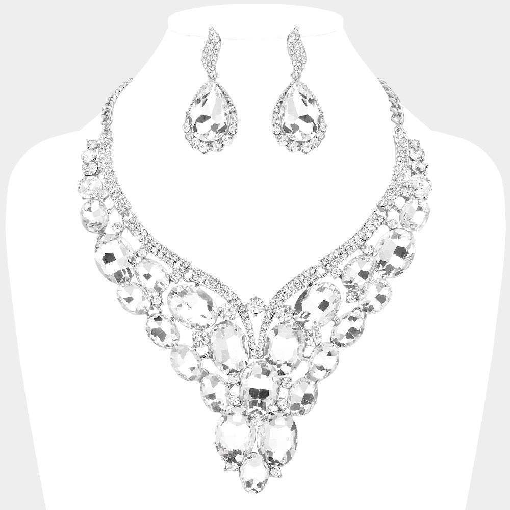 Oval Glass Stone Cluster Embellished Evening Necklace - Madeline Love - Flyclothing LLC