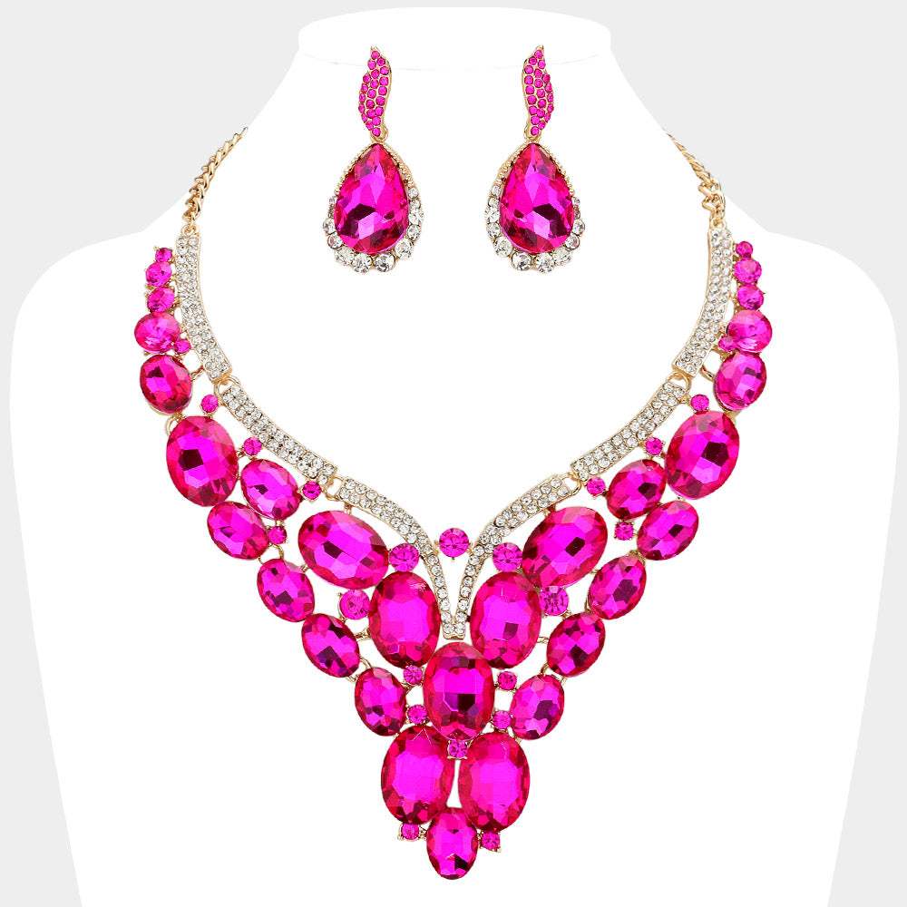 Oval Glass Stone Cluster Embellished Evening Necklace - Madeline Love - Flyclothing LLC