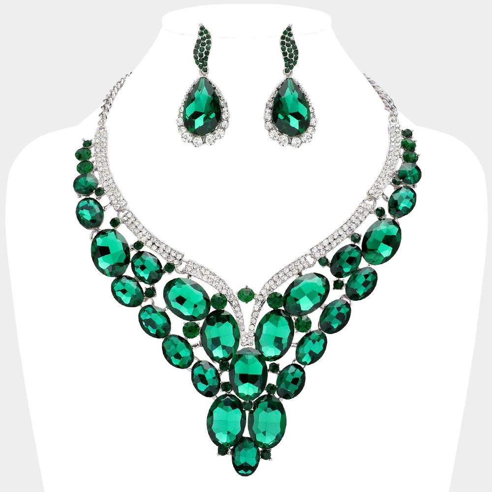 Oval Glass Stone Cluster Embellished Evening Necklace - Madeline Love - Flyclothing LLC