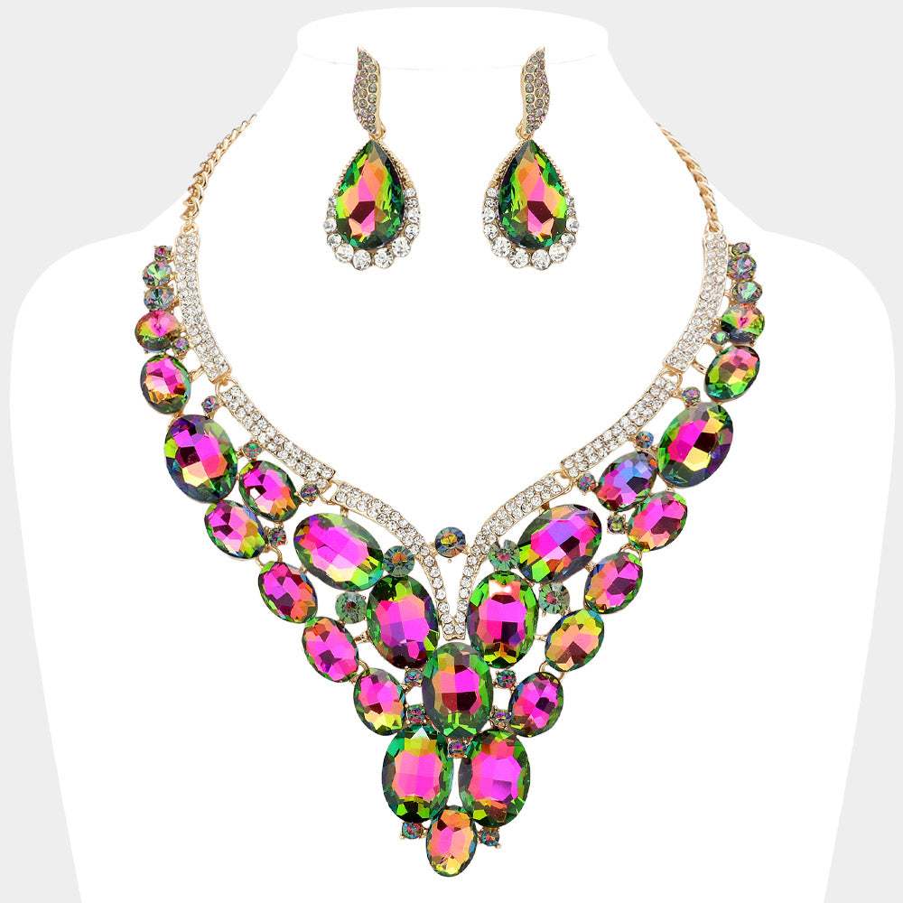 Oval Glass Stone Cluster Embellished Evening Necklace - Madeline Love - Flyclothing LLC