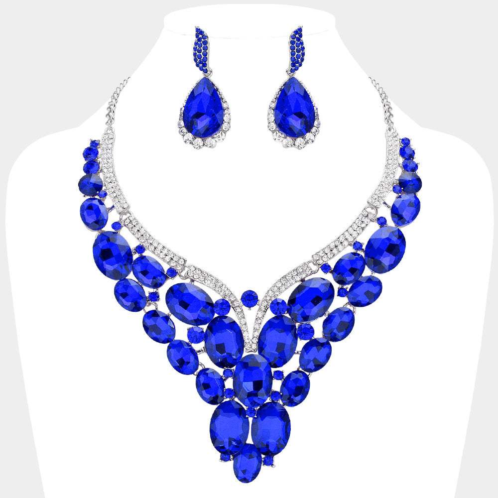 Oval Glass Stone Cluster Embellished Evening Necklace - Madeline Love - Flyclothing LLC