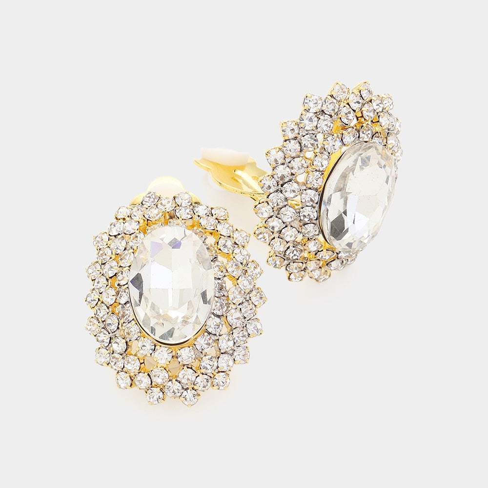 Oval Stone Pointed Evening Clip On Earrings - Madeline Love - Flyclothing LLC