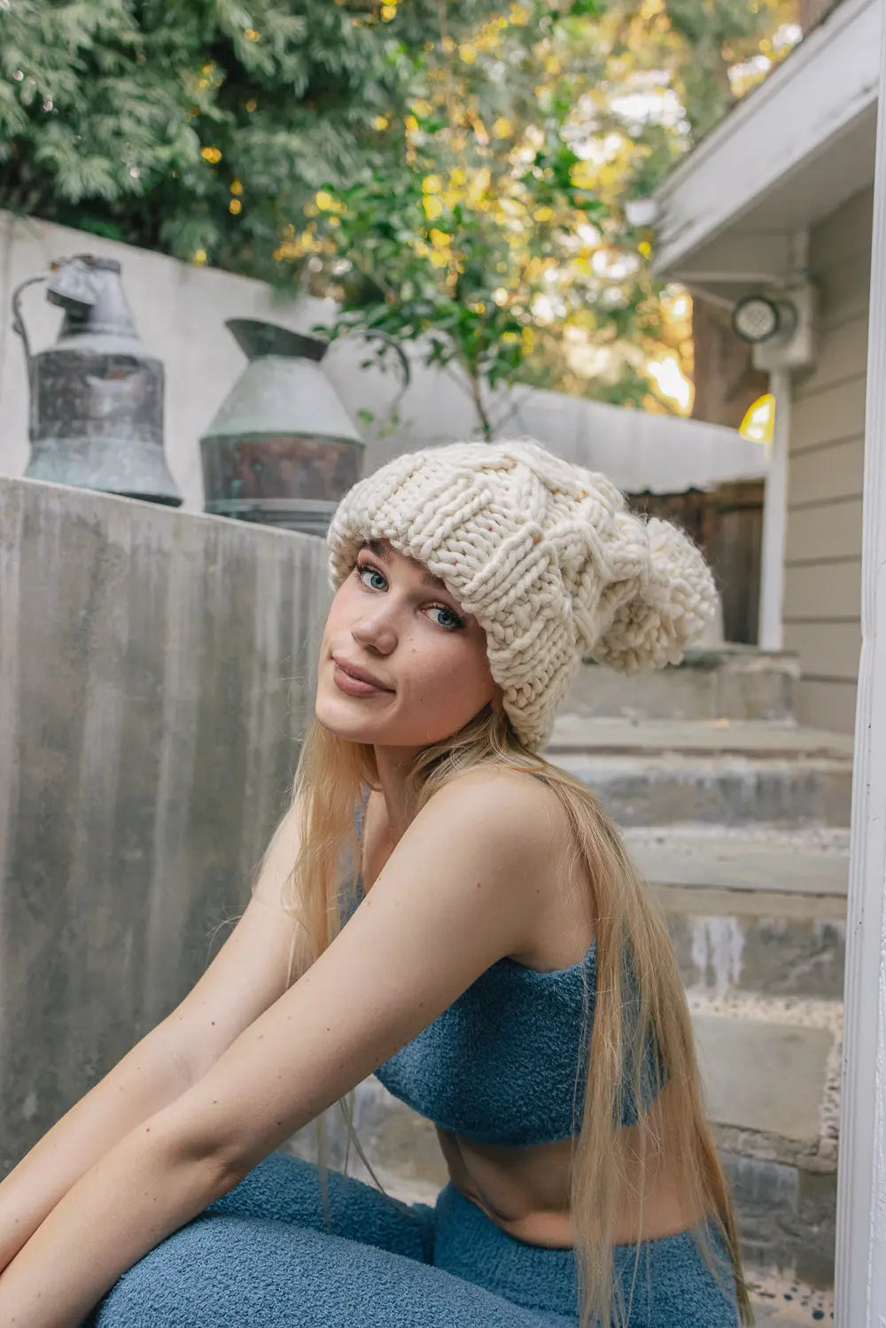Oversized Chunky Knit Pom Beanie - Boho Clothing and Accessories - Flyclothing LLC