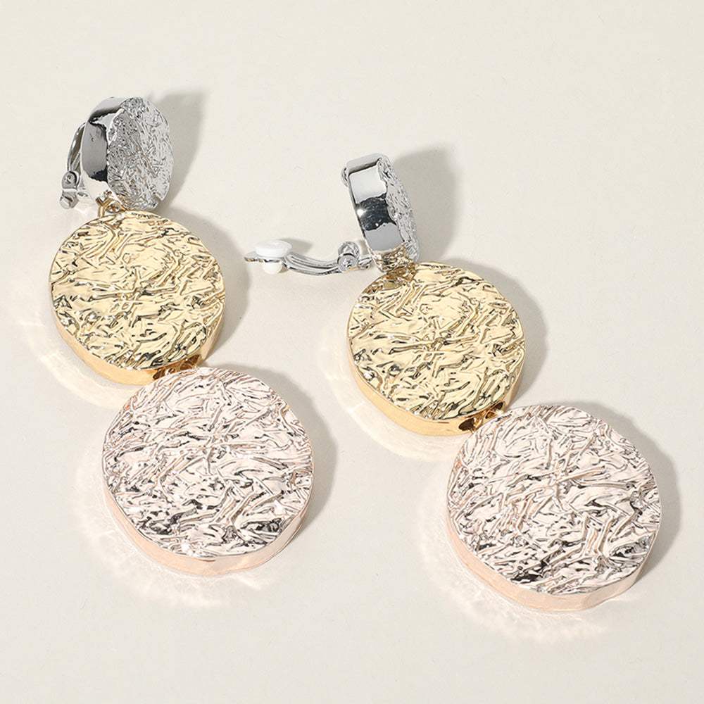 Oversized Chunky Textured Metal Disc Link Dropdown Clip On Earrings - Madeline Love - Flyclothing LLC