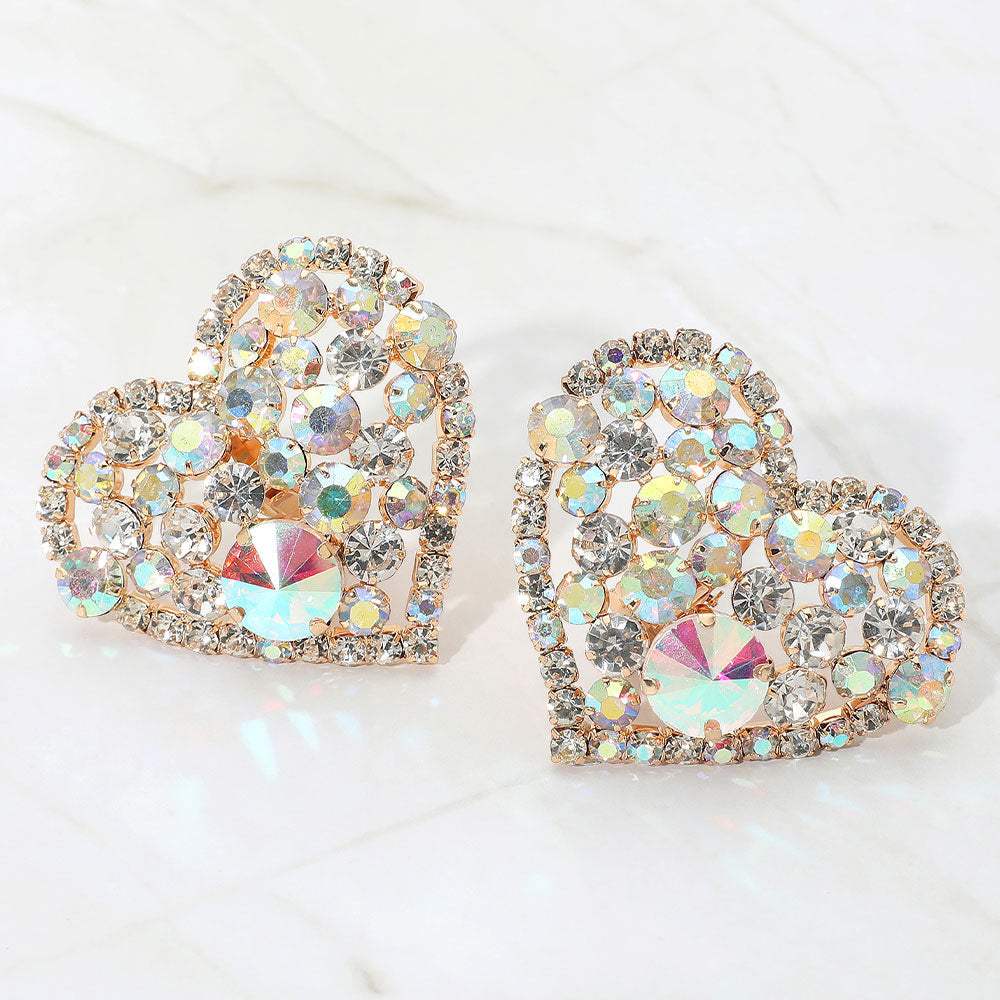 Oversized Rhinestone Cluster Heart Evening Clip On Earrings - Madeline Love - Flyclothing LLC