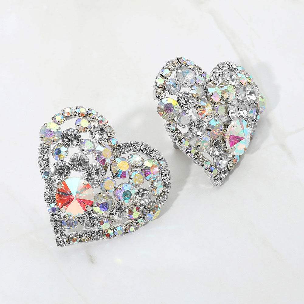 Oversized Rhinestone Cluster Heart Evening Clip On Earrings - Madeline Love - Flyclothing LLC