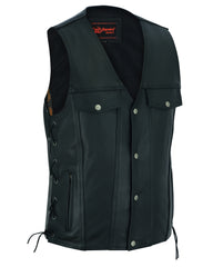 DS124 Men's Black Leather Vest with Side Laces and Gun Pockets