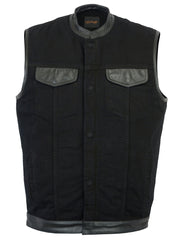 DM992 Men's Black Denim Single Panel Concealment Vest W/ Leather Trim