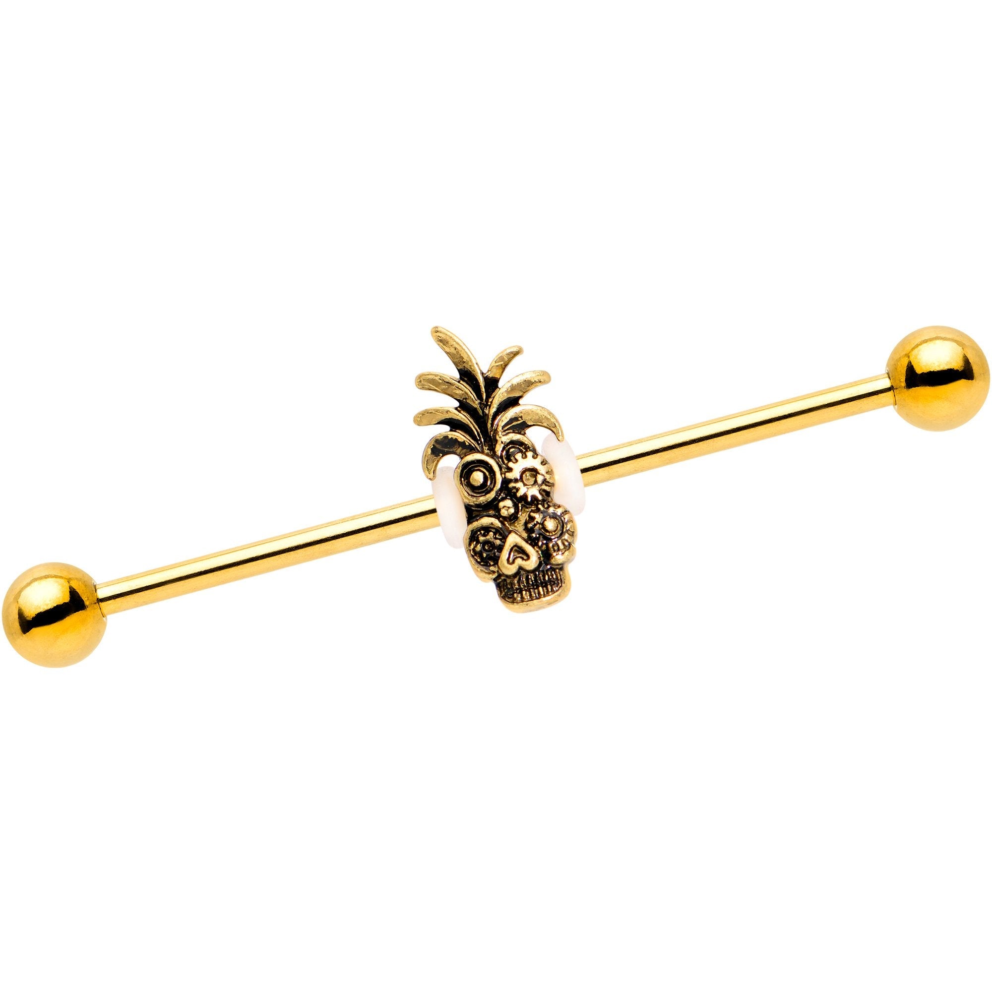 Gold PVD Steampunk Tiki Skull Headdress Industrial Barbell 38mm - BodyCandy - Flyclothing LLC