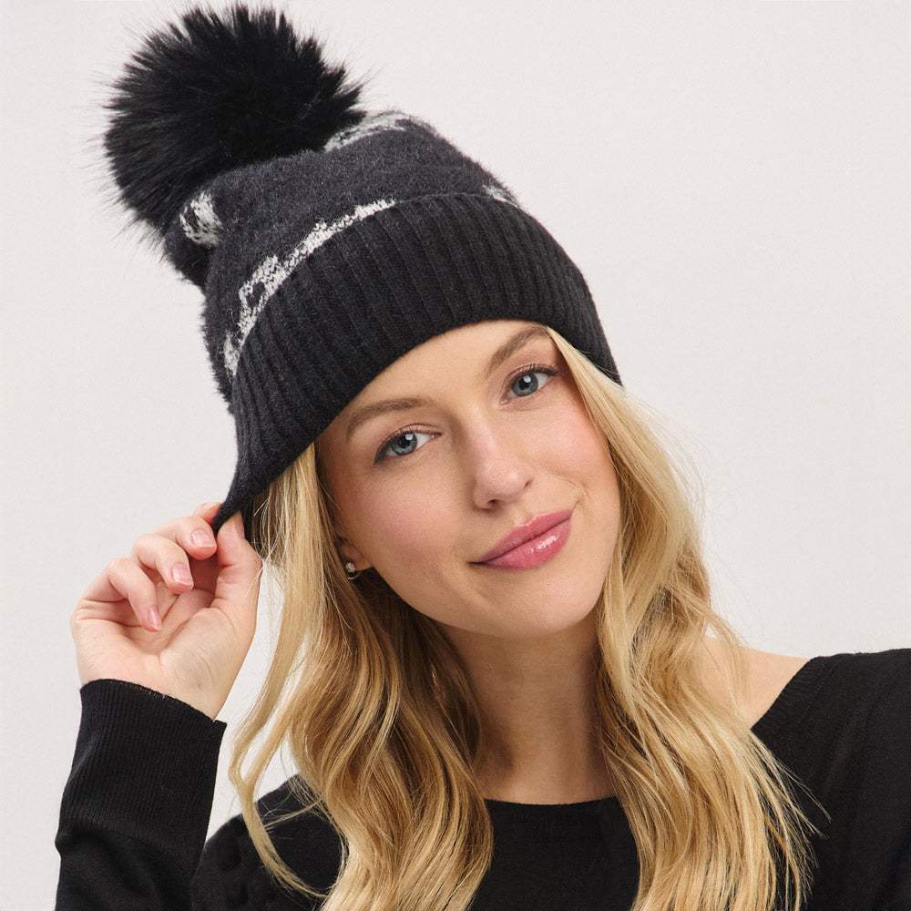 Paid Pattern Faux Fur Mixed Fleeced Pom Pom Winter Beanie Hat - Madeline Love - Flyclothing LLC