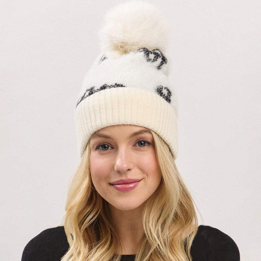Paid Pattern Faux Fur Mixed Fleeced Pom Pom Winter Beanie Hat - Madeline Love - Flyclothing LLC