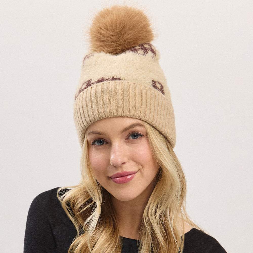 Paid Pattern Faux Fur Mixed Fleeced Pom Pom Winter Beanie Hat - Madeline Love - Flyclothing LLC