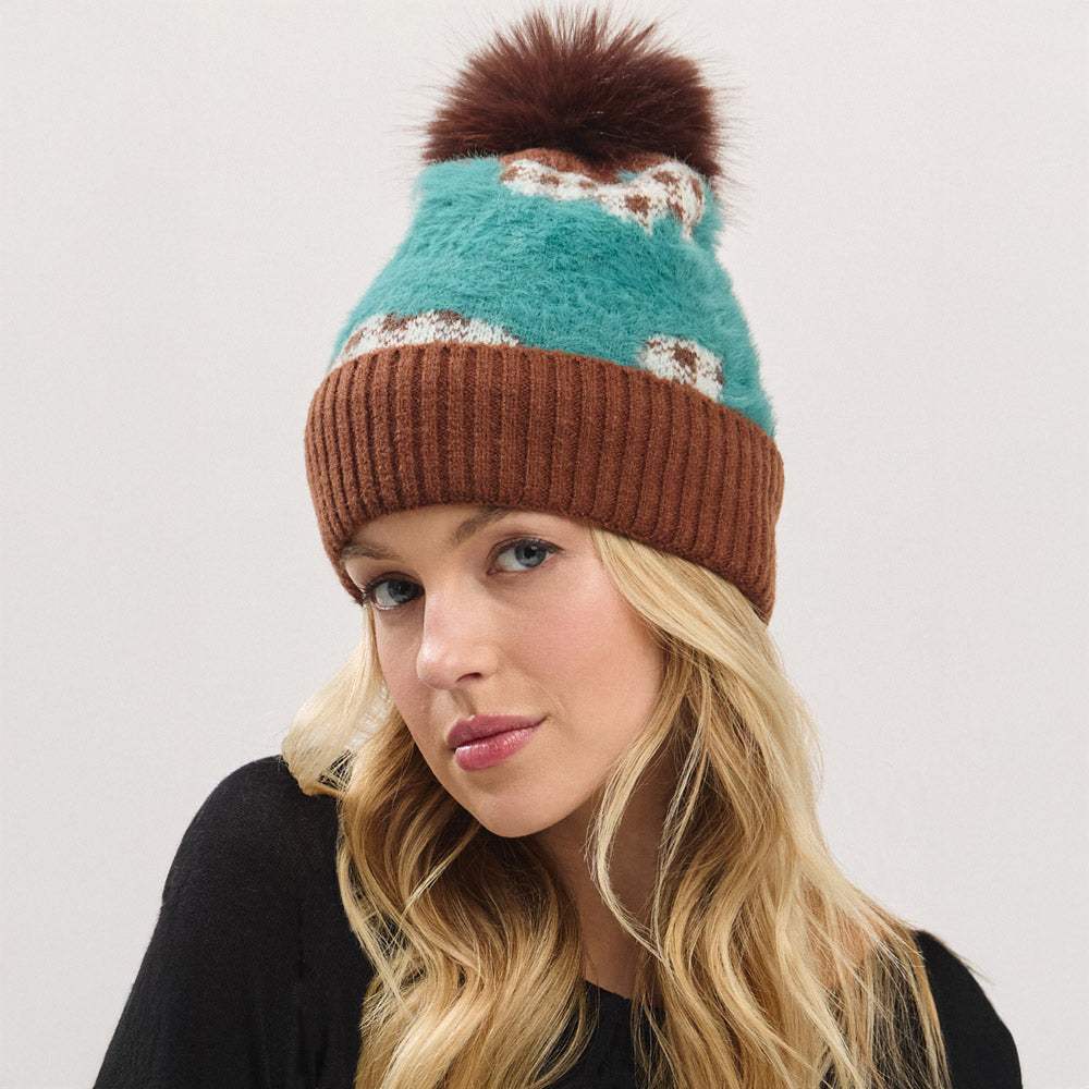 Paid Pattern Faux Fur Mixed Fleeced Pom Pom Winter Beanie Hat - Madeline Love - Flyclothing LLC