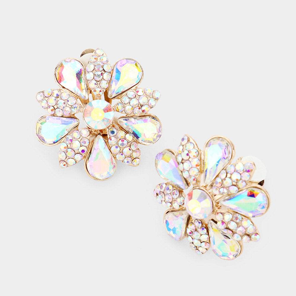Pave Crystal Teardrop Floral Evening Clip On Earrings - Madeline Love - Flyclothing LLC