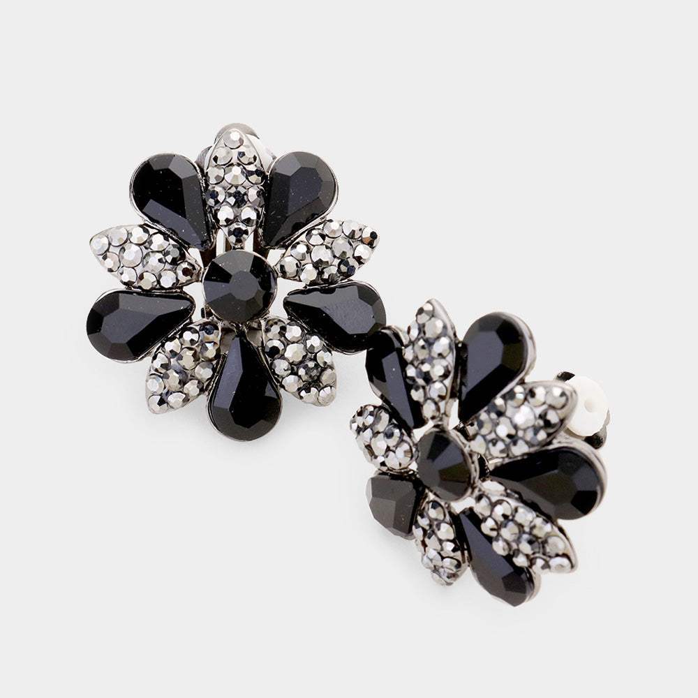 Pave Crystal Teardrop Floral Evening Clip On Earrings - Madeline Love - Flyclothing LLC
