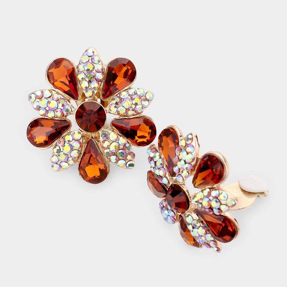 Pave Crystal Teardrop Floral Evening Clip On Earrings - Madeline Love - Flyclothing LLC