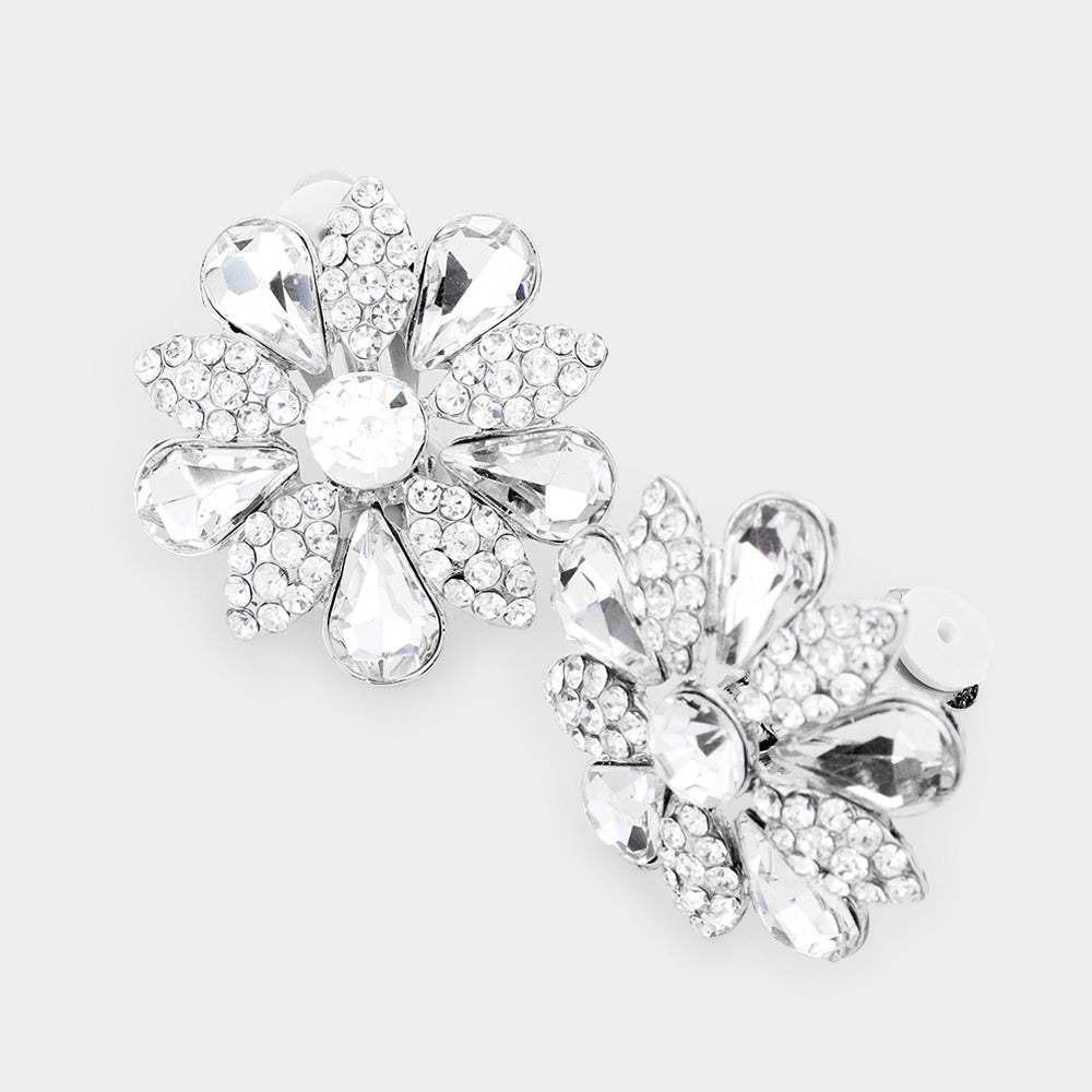 Pave Crystal Teardrop Floral Evening Clip On Earrings - Madeline Love - Flyclothing LLC