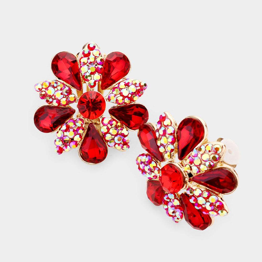 Pave Crystal Teardrop Floral Evening Clip On Earrings - Madeline Love - Flyclothing LLC