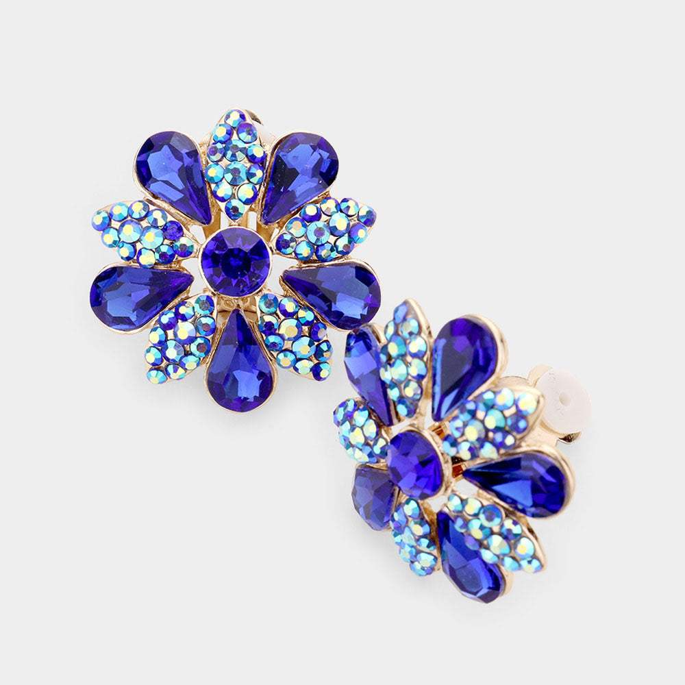 Pave Crystal Teardrop Floral Evening Clip On Earrings - Madeline Love - Flyclothing LLC
