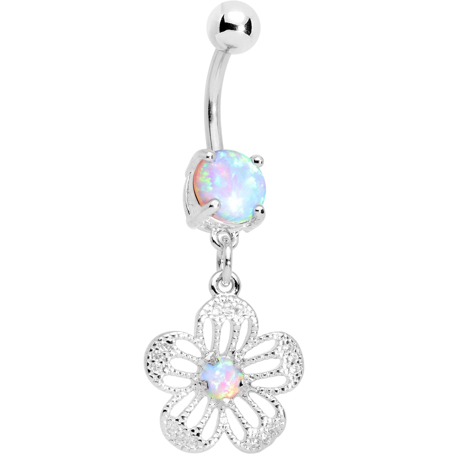 White Faux Opal Frozen Flower Dangle Belly Ring - BodyCandy - Flyclothing LLC