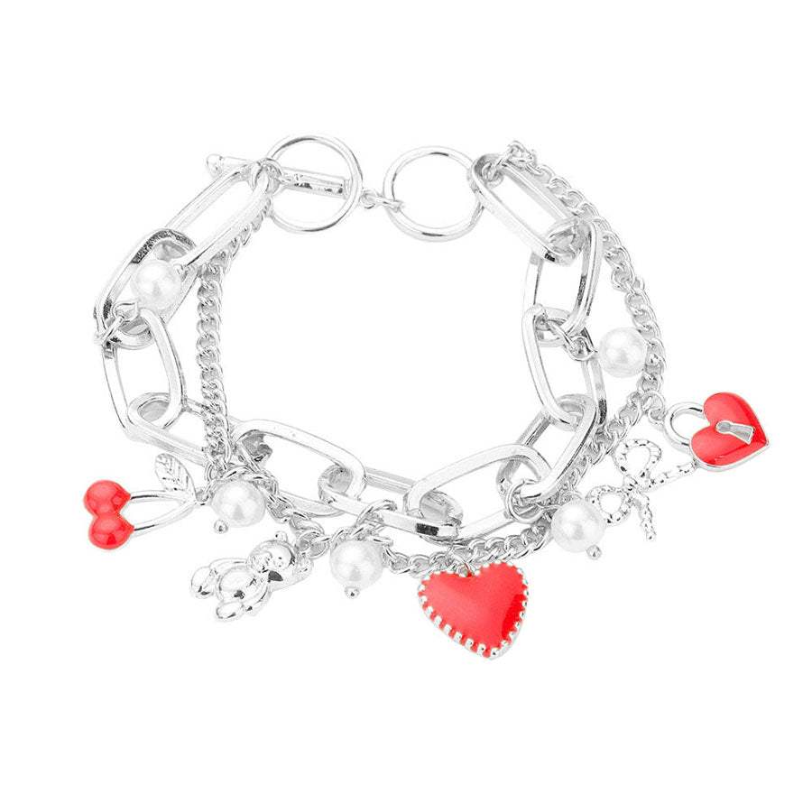 Pearl Bear Heart Bow Lock Charm Layered Toggle Bracelet - Madeline Love - Flyclothing LLC