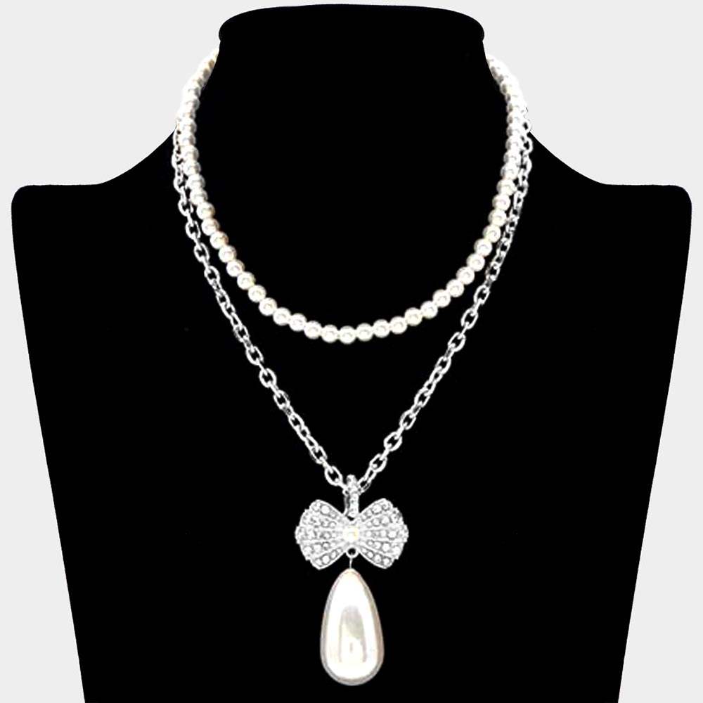 Pearl Chain Layered Rhinestone Pave Ribbon Pearl Dangle Pendant Necklace - Madeline Love - Flyclothing LLC