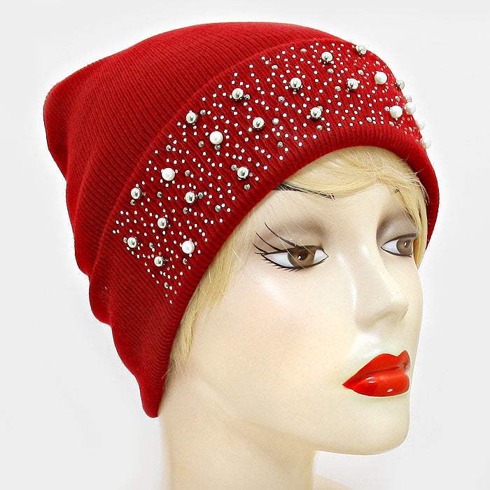 Pearl Crystal Metal Ball Cluster Beanie Hat - Madeline Love - Flyclothing LLC