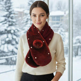 Pearl Embellished Faux Fur Pom Pom Pull Through Scarf - Madeline Love - Flyclothing LLC