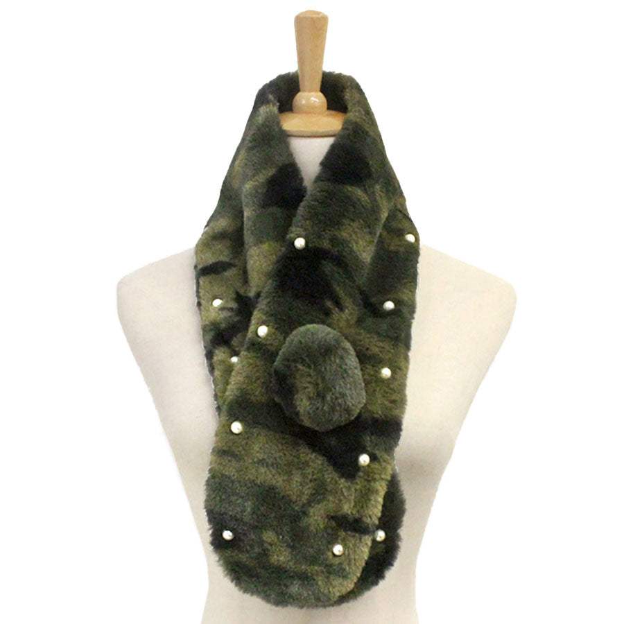 Pearl Embellished Faux Fur Pom Pom Pull Through Scarf - Madeline Love - Flyclothing LLC
