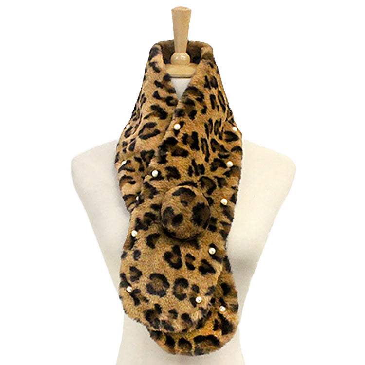 Pearl Embellished Faux Fur Pom Pom Pull Through Scarf - Madeline Love - Flyclothing LLC