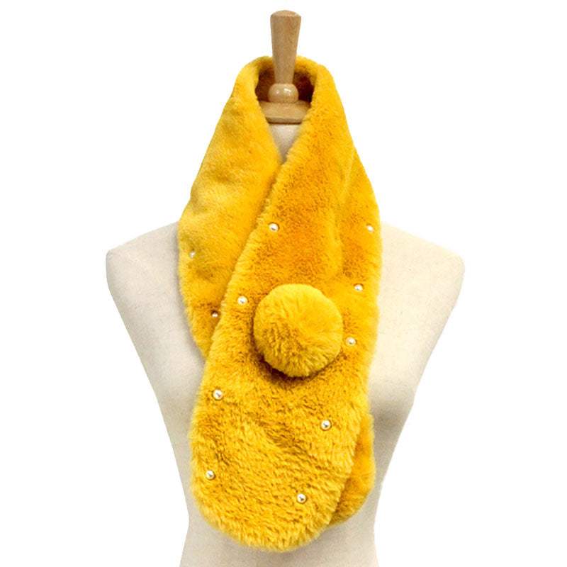 Pearl Embellished Faux Fur Pom Pom Pull Through Scarf - Madeline Love - Flyclothing LLC