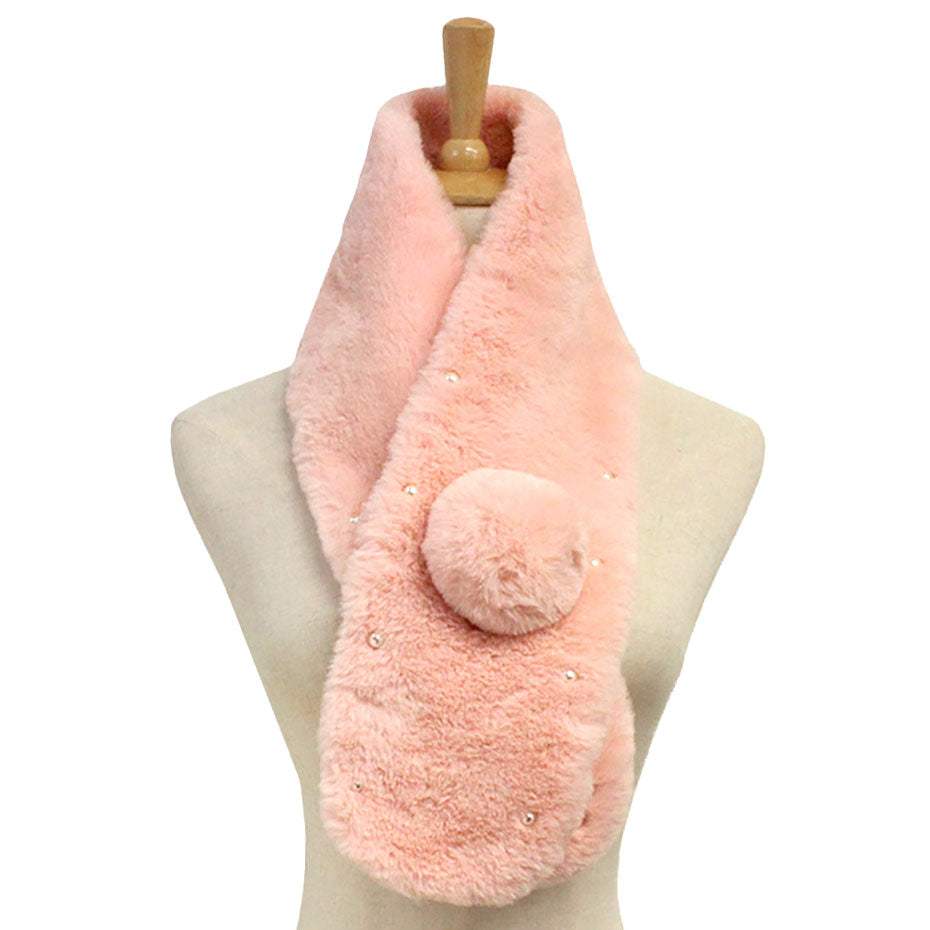 Pearl Embellished Faux Fur Pom Pom Pull Through Scarf - Madeline Love - Flyclothing LLC