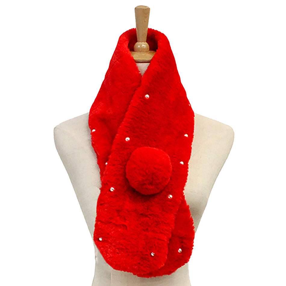 Pearl Embellished Faux Fur Pom Pom Pull Through Scarf - Madeline Love - Flyclothing LLC