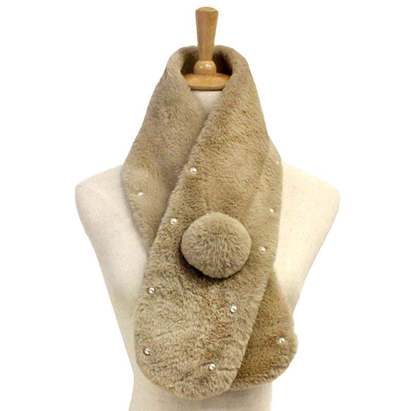 Pearl Embellished Faux Fur Pom Pom Pull Through Scarf - Madeline Love - Flyclothing LLC
