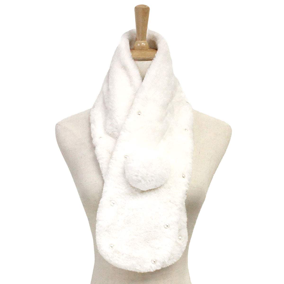 Pearl Embellished Faux Fur Pom Pom Pull Through Scarf - Madeline Love - Flyclothing LLC