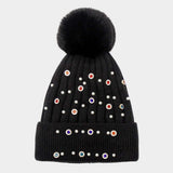 Pearl Stone Embellished Detail Pom Pom Beanie Hat - Madeline Love - Flyclothing LLC