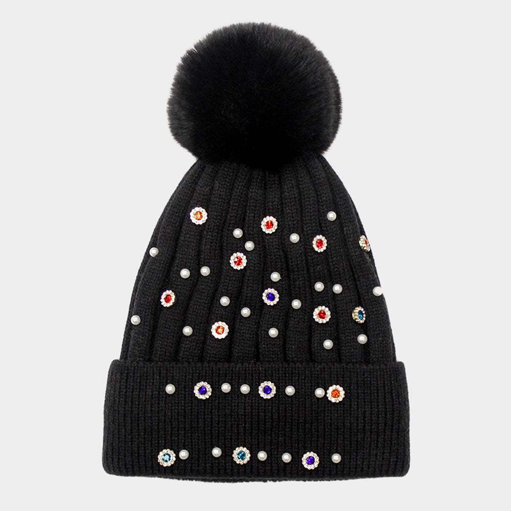 Pearl Stone Embellished Detail Pom Pom Beanie Hat - Madeline Love - Flyclothing LLC