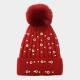 Pearl Stone Embellished Detail Pom Pom Beanie Hat - Madeline Love - Flyclothing LLC