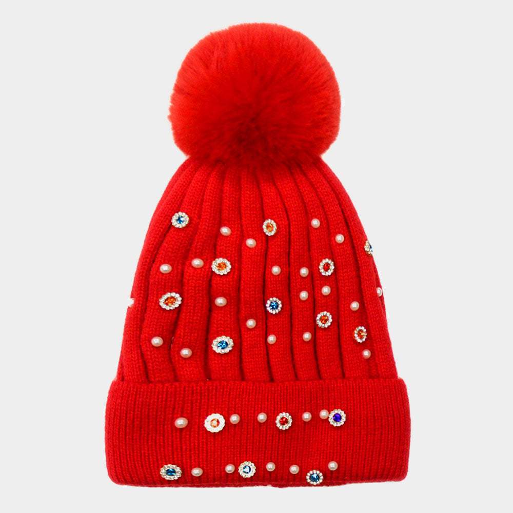 Pearl Stone Embellished Detail Pom Pom Beanie Hat - Madeline Love - Flyclothing LLC