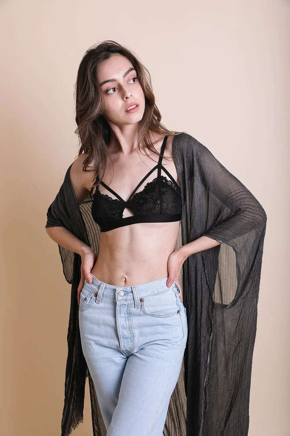 Pencil Stripe Lurex Trim Kimono - Boho Clothing and Accessories - Flyclothing LLC
