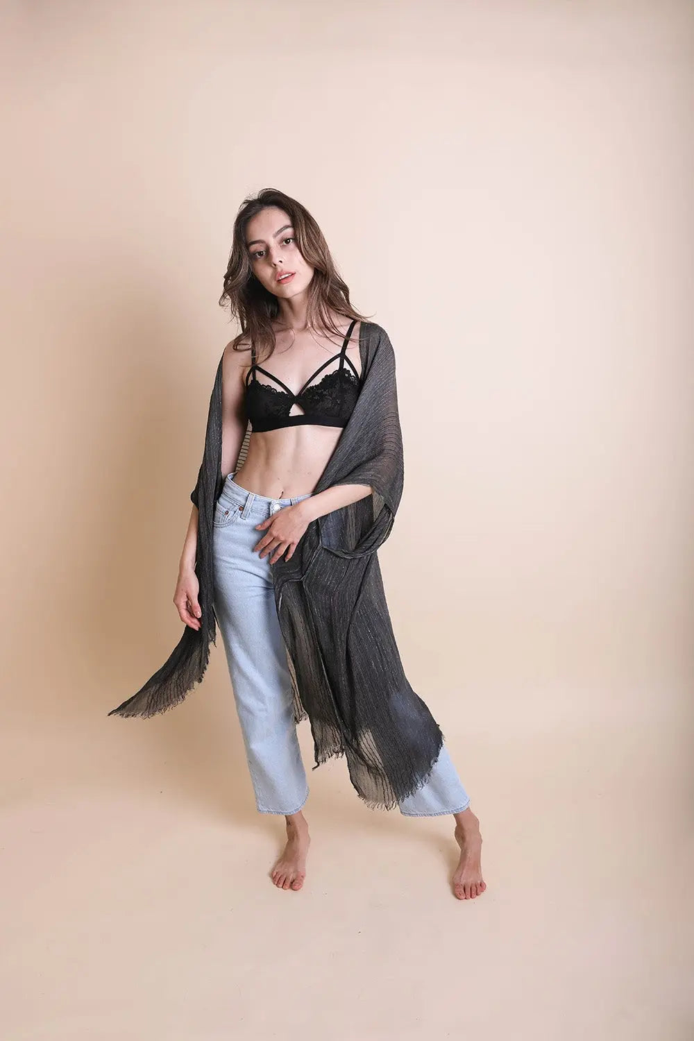 Pencil Stripe Lurex Trim Kimono - Boho Clothing and Accessories - Flyclothing LLC