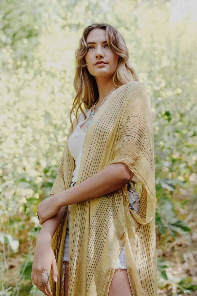 Pencil Stripe Lurex Trim Kimono - Boho Clothing and Accessories - Flyclothing LLC
