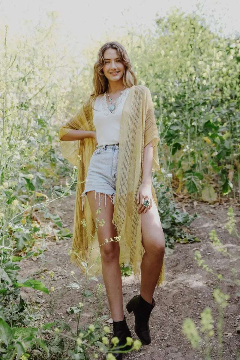 Pencil Stripe Lurex Trim Kimono - Boho Clothing and Accessories - Flyclothing LLC